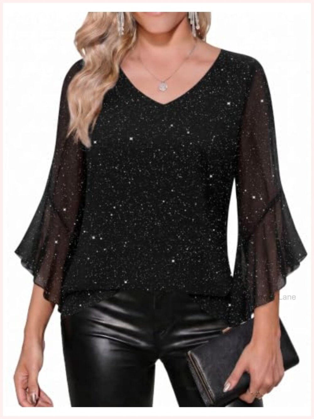 Ruffle 3/4 Sleeve Sequin V-Neck Mesh Blouse